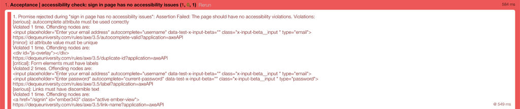 example of errors thrown by a11y in an acceptance test